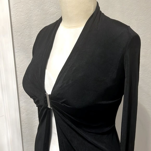 Chico's | Long Black Slinky Cardigan with Silver Clasp at Waist - Picture 4 of 16
